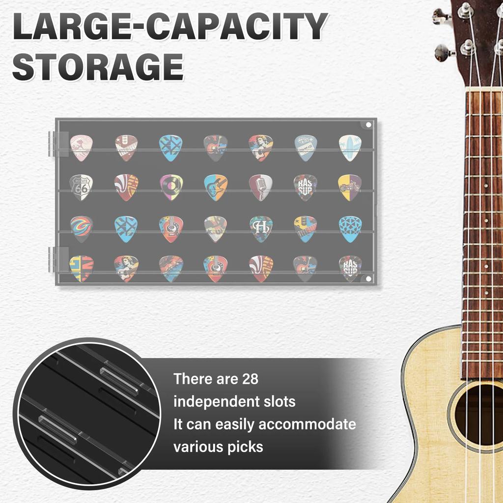 28 Slots Guitar Pick Display Case Acrylic Transparent Guitar Paddle Storage Box with Hook Large Capacity Guitar Pick Organizer