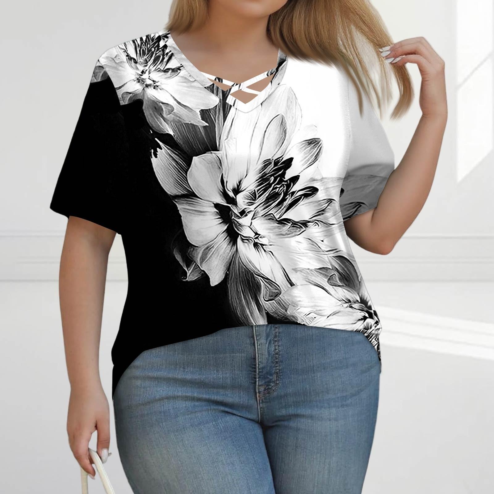 

Жіноча мода Повсякденна однотонна футболка з принтом у смужку з V-подібним вирізом та коротким рукавом великого розміру XXXXL