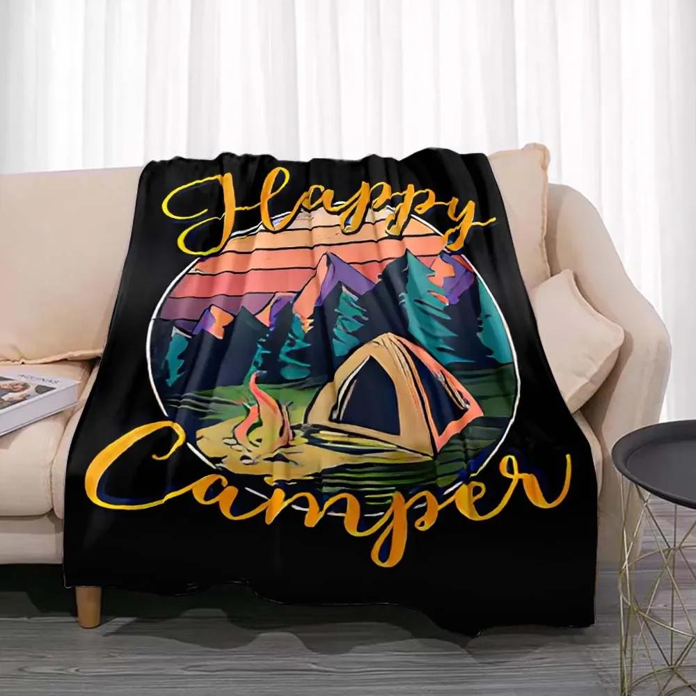 Fashionable Blanket Summer Happy Camper Camping Throw Bed Sofa Office Air Conditioning Soft Leisure Travel Customizable Throw