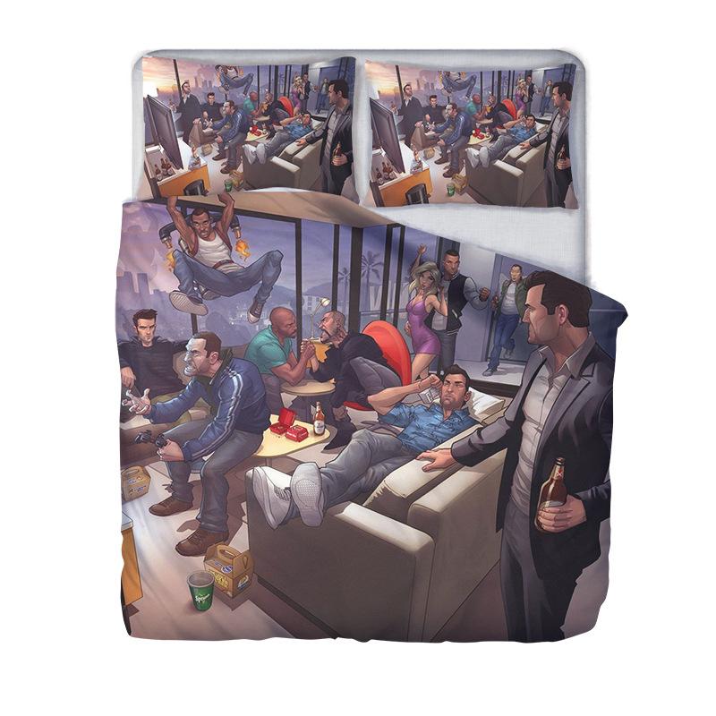 Set de lenjerie de pat 3D Grand Theft Auto, jocuri populare, personaje imprimate, seturi de pilotă, fețe de pernă, lenjerie de pat, dimensiunea Queen King
