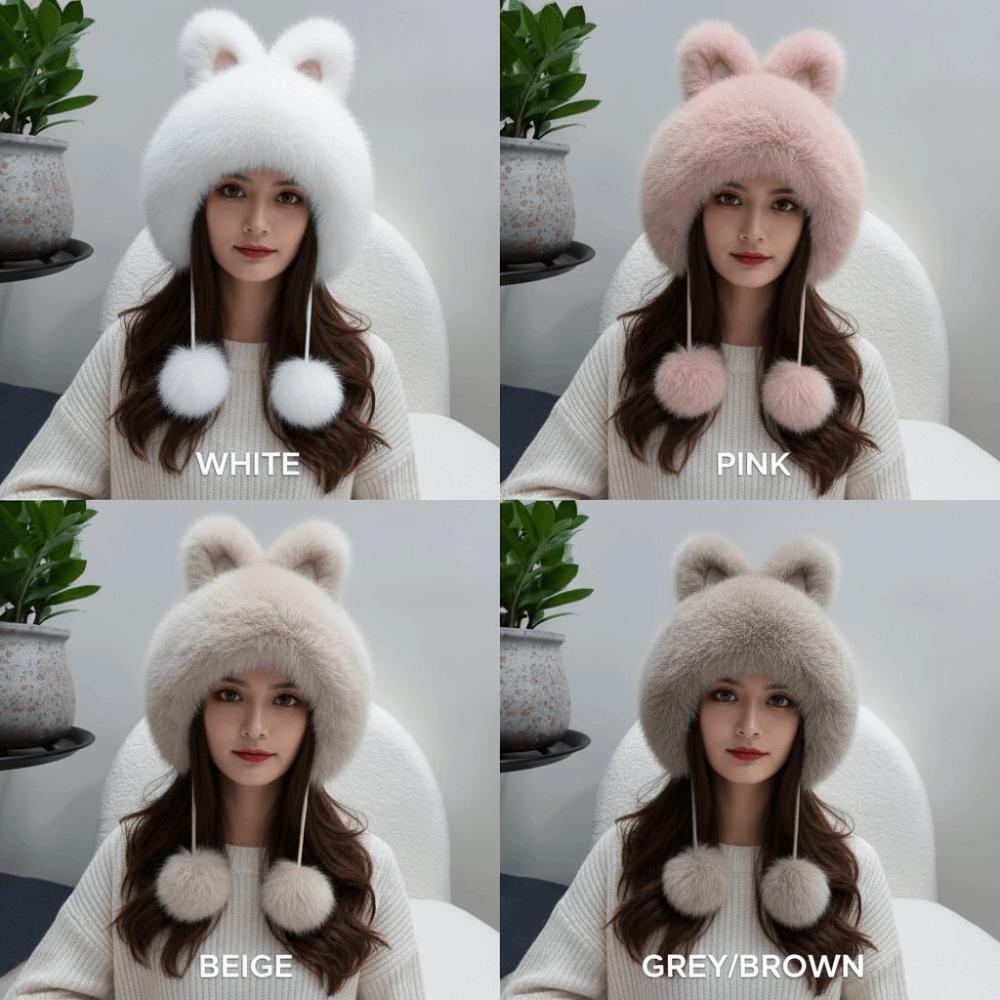Fluffy Women's Lei Feng Cap Winter Warm Bunny Cat Ear Hat Fox Plush Ear Cap  New Year Gift