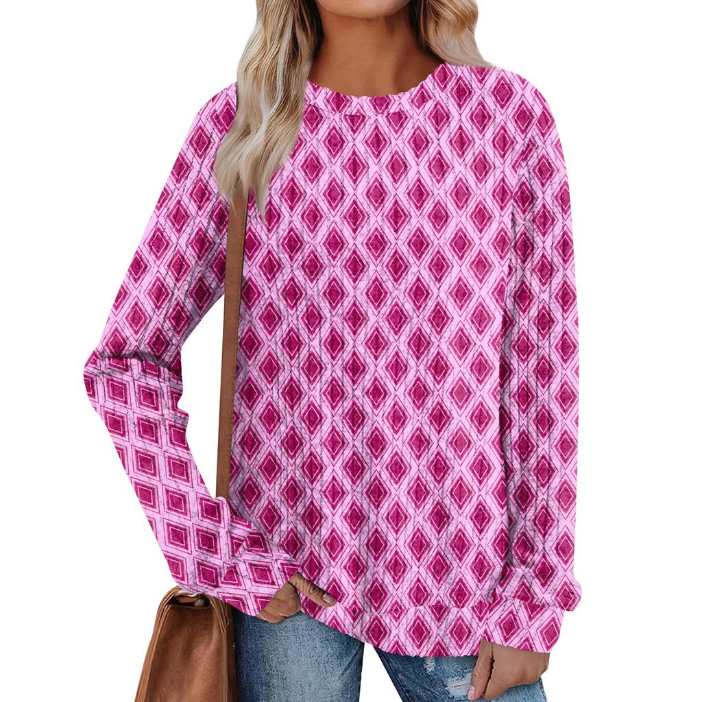 Women's Winter Color-Block Printed Lightweight Brushed-Cotton Round Neck Top