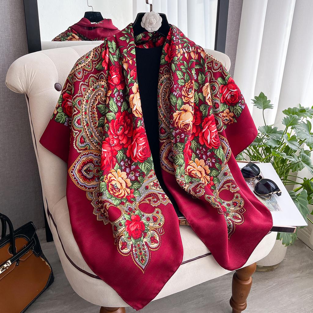 Women Russian Floral Scarf Ethnic Style Square Bandana Head Scarves Ladies Handkerchief Headband Silk Scarf Hair Wraps