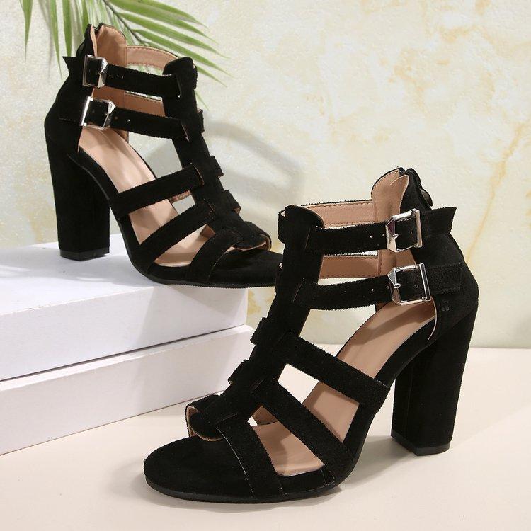 Summer new round head solid color one-character buckle wind large size women's thick high-heeled sandals