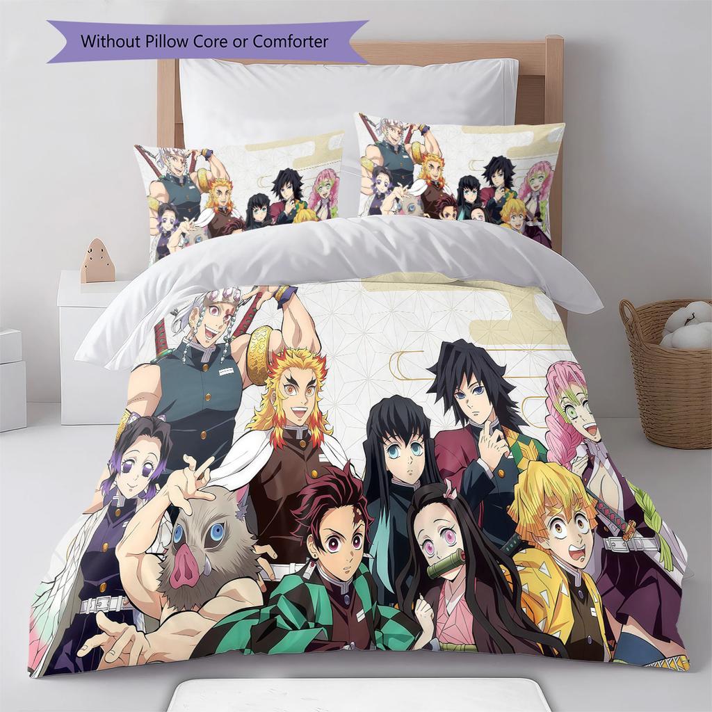 Demon Slayer Anime Pattern Bedding Quilt Set Quilt Cover Pillowcase Home Birthday Gift(1 * duvet cover + 2 * pillowcase, without core)