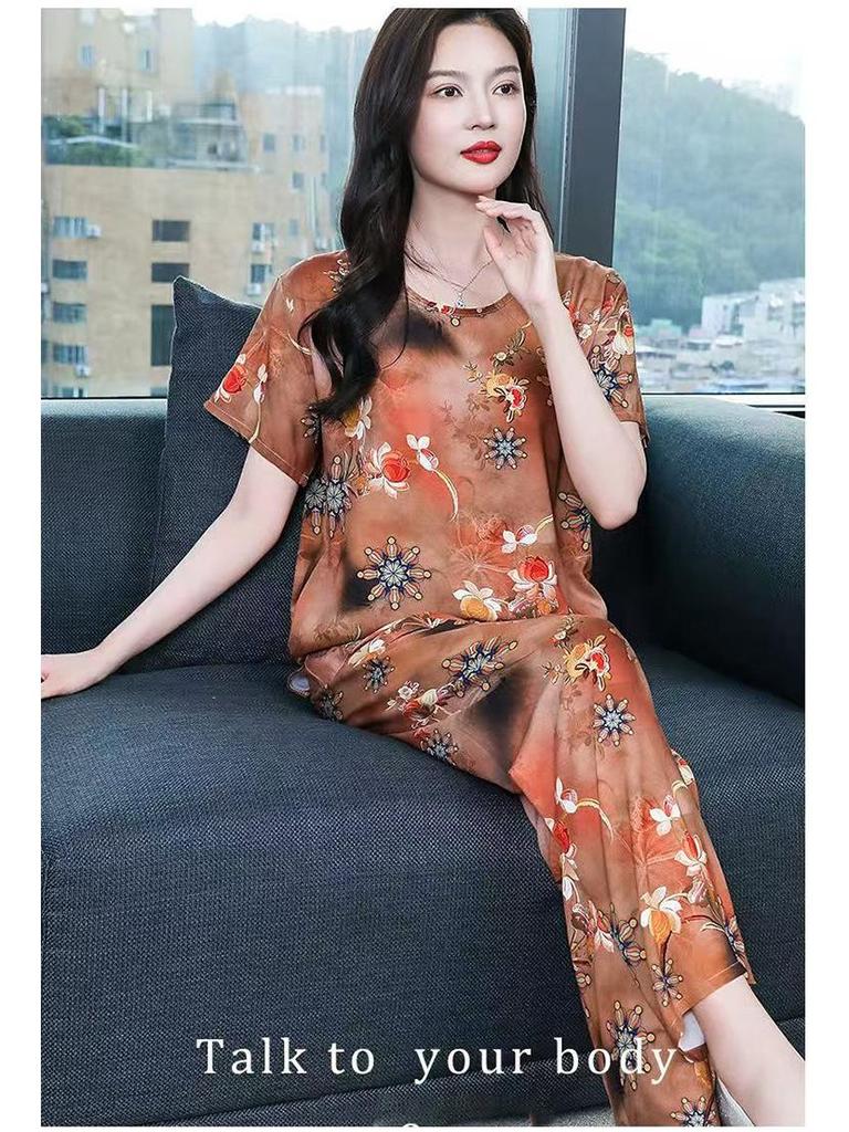 Women's Plus Size Ice Silk Pajama Set: Casual Short Sleeve Two-Piece for Middle-aged and Elderly Moms