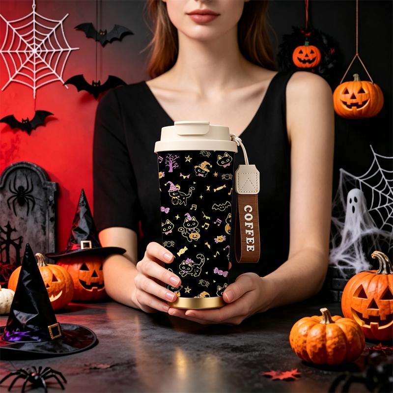 532ml Coffee Cup Halloween Witch Cat Pumpkin Note Castle MotifFlip Lid Coffee Cup Large Capacity Tea Cup Double Wall Insulated Cup