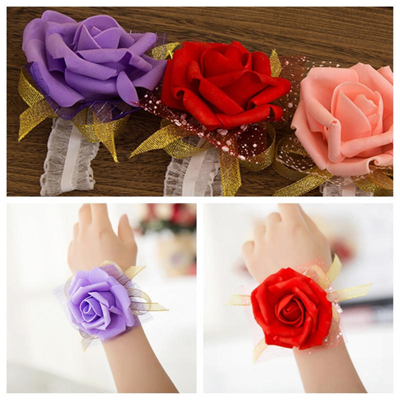 Bridesmaid Wrist Corsage Wedding Party Rose Bracelet Silk Flowers Ribbon