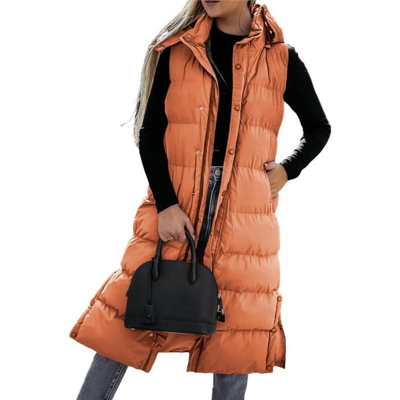 Women Long Hooded Puffer Vest Autumn Winter Loose Sleeveless Padded Coat Plus Size Warm Casual Longline Gilet