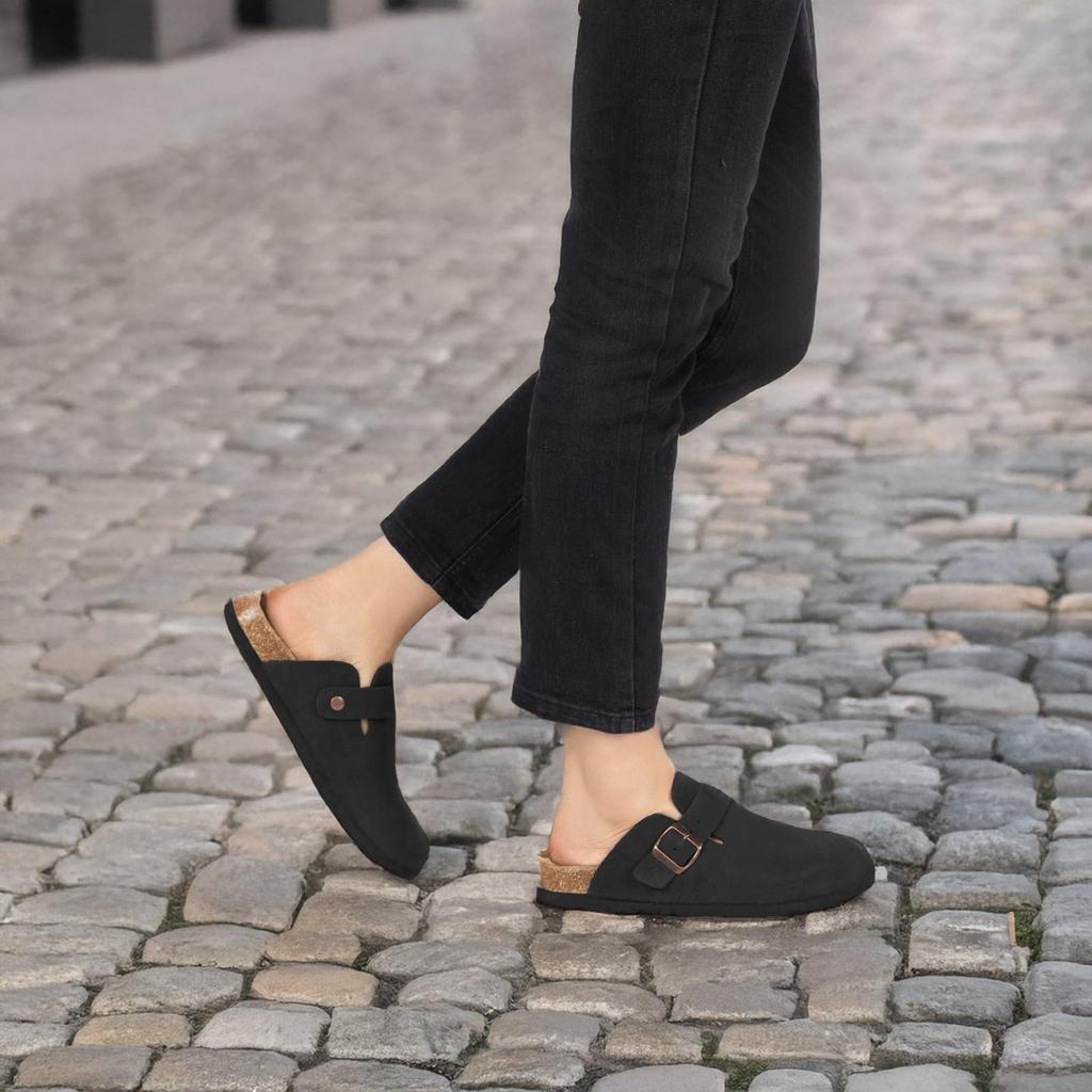 Fashion Kidmi Mens Suede Clogs Women Unisex Leather Mules Soft Cork Footbed Adjustable Buckle Slip Sandals Potato Shoes with ArchSupport