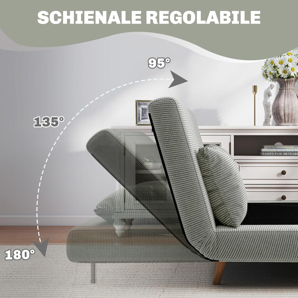 Double Sofa Bed with Adjustable Backrest and 2 Cushions. In Grey Linen-Effect Fabric