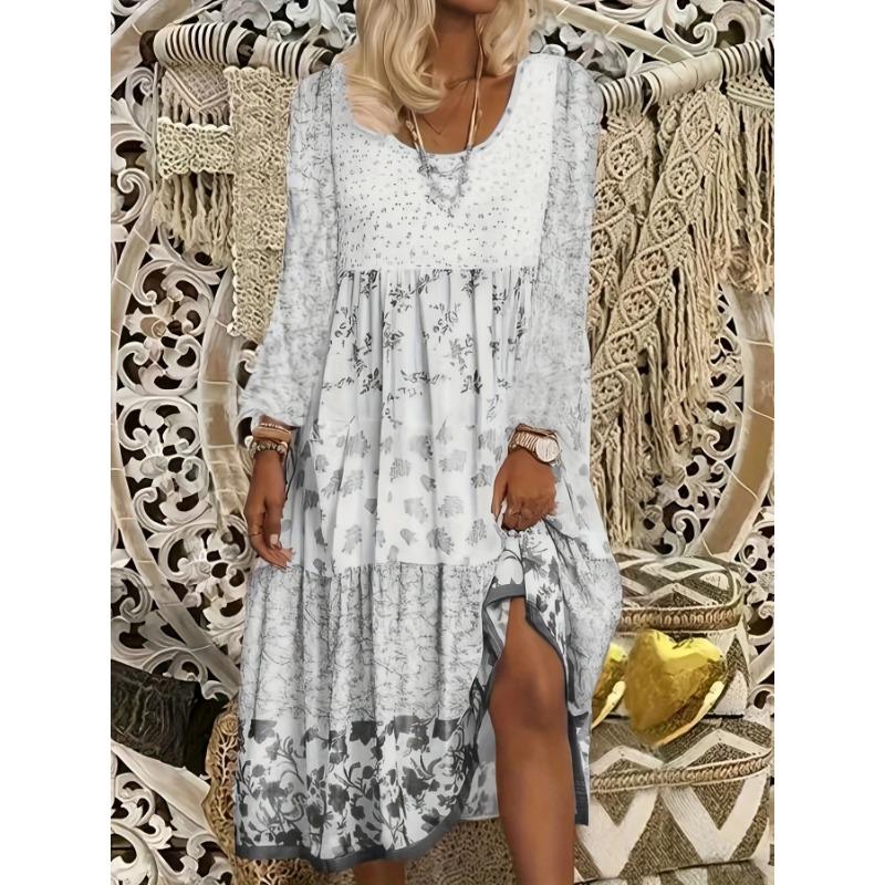 Women Long Sleeve Printed Round Neck Casual Dress
