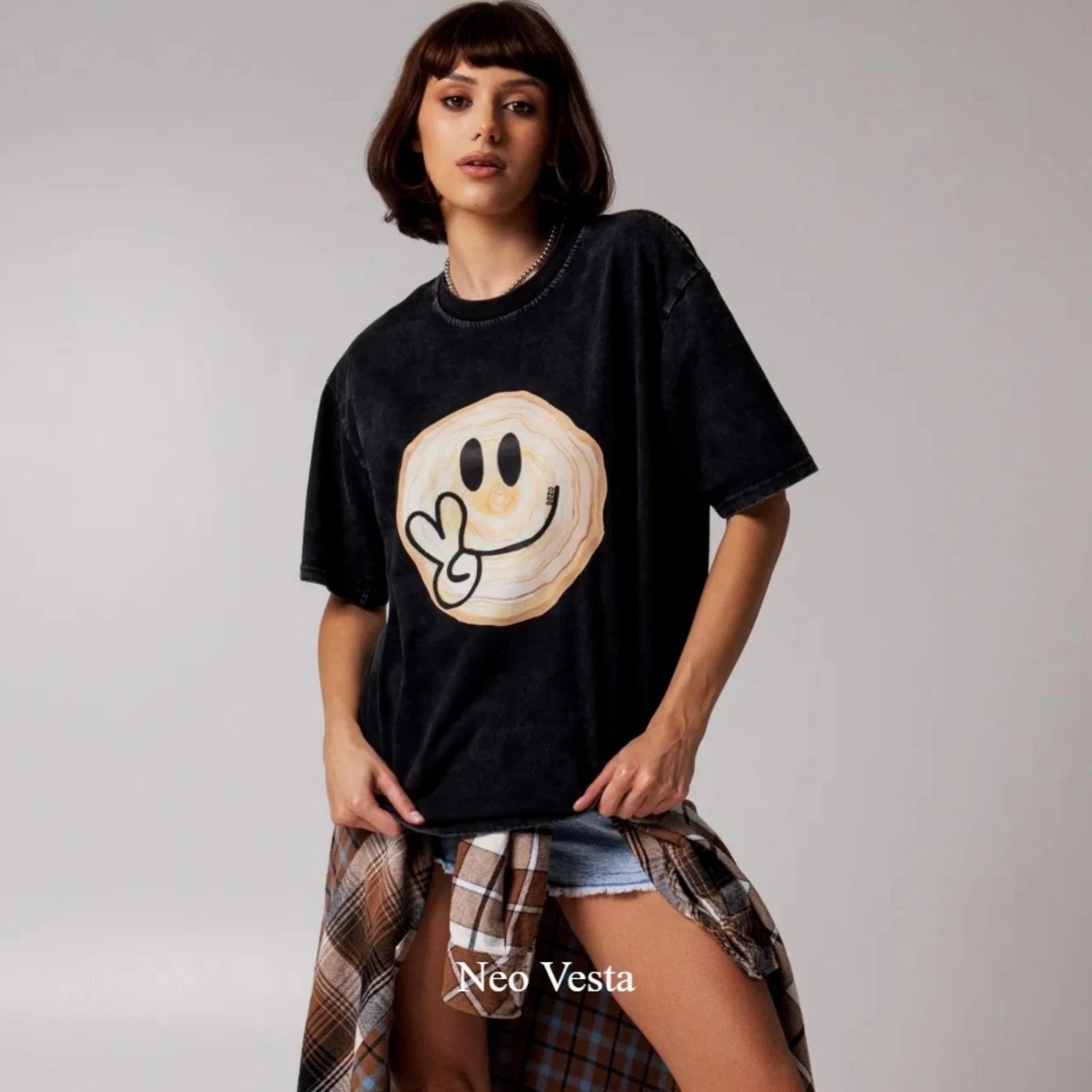 2025 summer new printed 100% pure cotton short-sleeved European and American washed black and old retro American women s T-shirt S