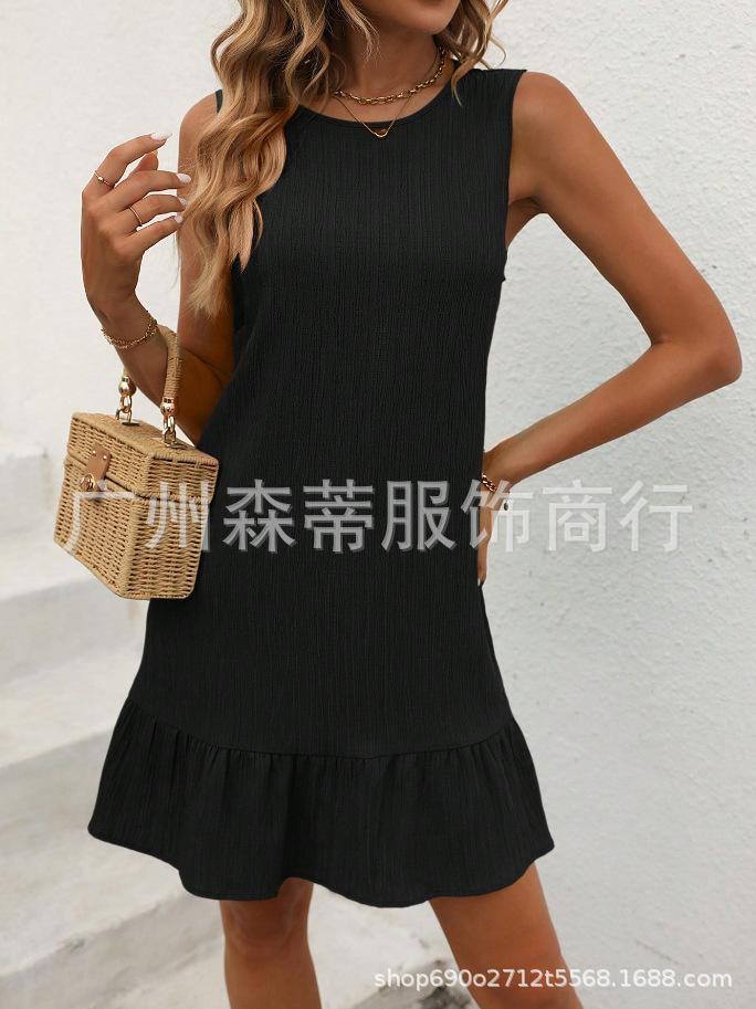 Summer new European and American sleeveless ruffle A-shaped dress casual fresh solid color vest skirt
