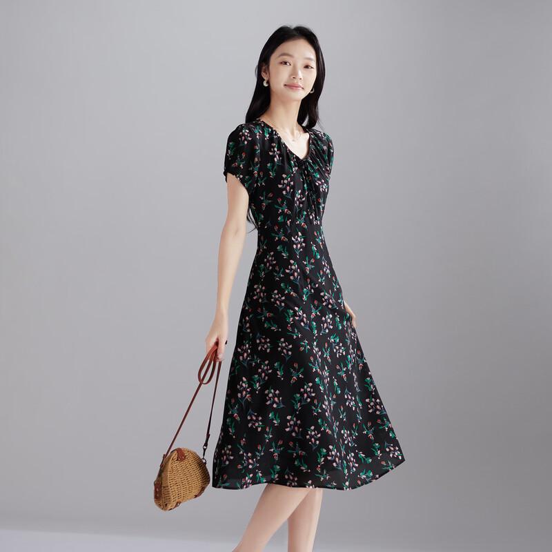 SOFSIL 2026 Summer 100% Silk Floral V-Neck Short Sleeve Dress XL