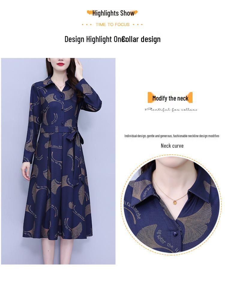 Elegant Floral Waist-Cinched Dress for Middle-Aged Women – Slimming Autumn/Winter Style