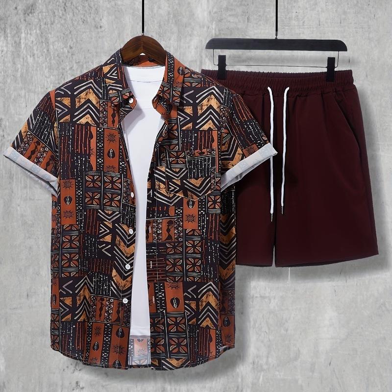 Men's Beige Tropical Leaf Print Shirt and Shorts Set Summer Vacation Wear