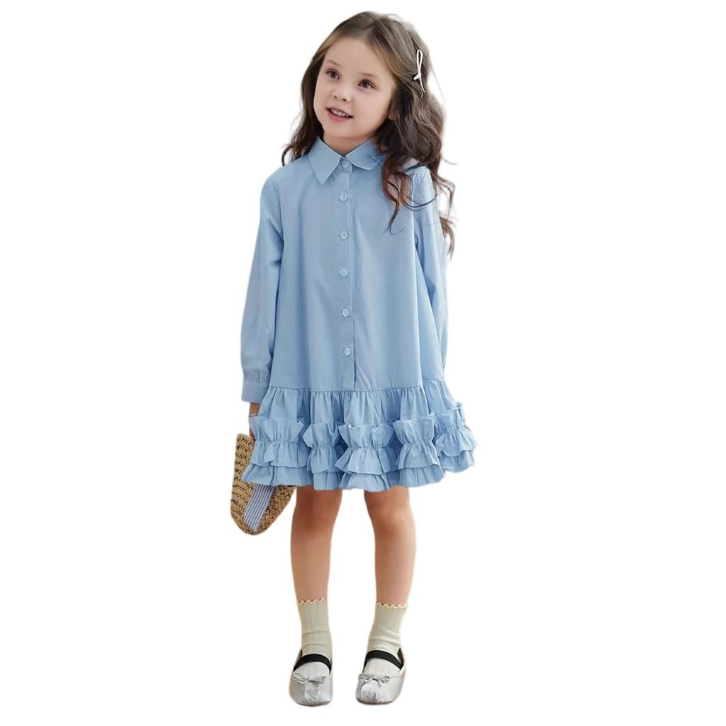 Girls' Fashion Long-Sleeved Shirt Collar Patchwork Tiered Skirt Colour Dress