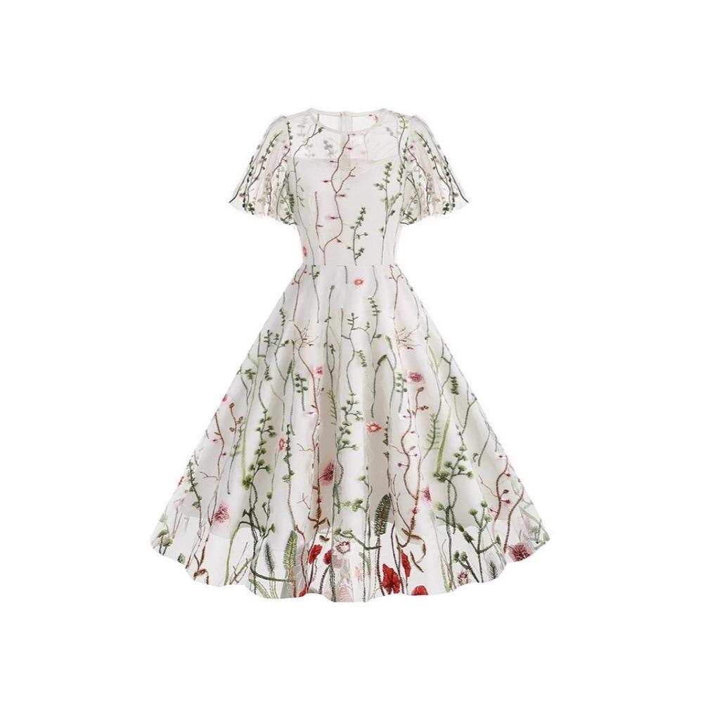 Women's Crew Neck Short Sleeve Midi Dress A Line Mid Waist Mesh Floral Embroidery Swing Dress Vintage Evening Party Dress