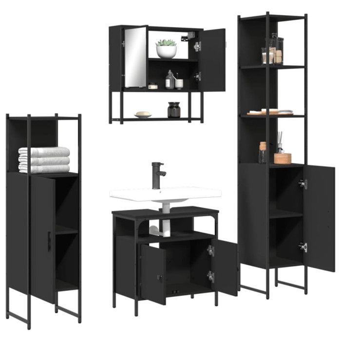 Bathroom Furniture Set 4 Pcs Black Engineered Wood