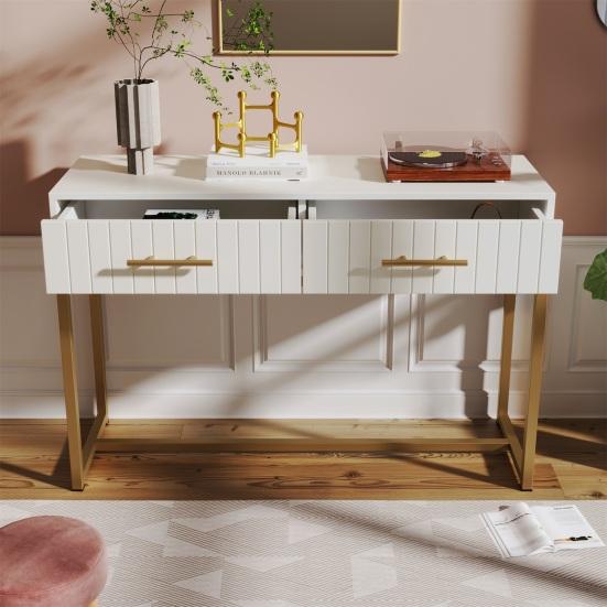 Makeup Desk Dressing Table with 2 Drawers Golden Handle Decorative Ribs Metal Frame Modern White Easy Assembly Bedroom Side Narrow Console Vanity