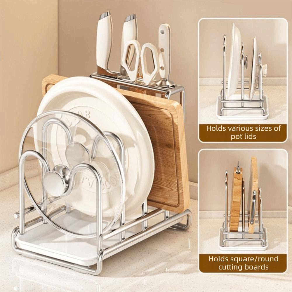 Multi-layer Pot Lid Rack Rustproof Space Saving Cutting Board Holder with Drainage Tray Stable Chopping Board Organizer Cabinet