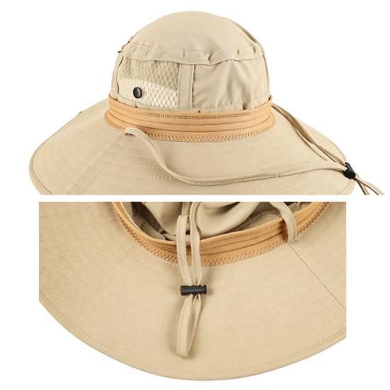 Chapeau seau Tissu respirant Maille Patchwork Séchage rapide Chapeau de pêcheur Large bord Cordon coupe-vent Protection solaire UPF Pliable Chapeau de soleil d'extérieur