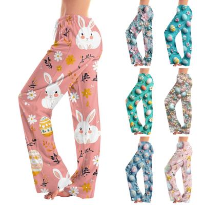 Calças retas casuais estampadas de ovo de Páscoa femininas Calças casuais para casa