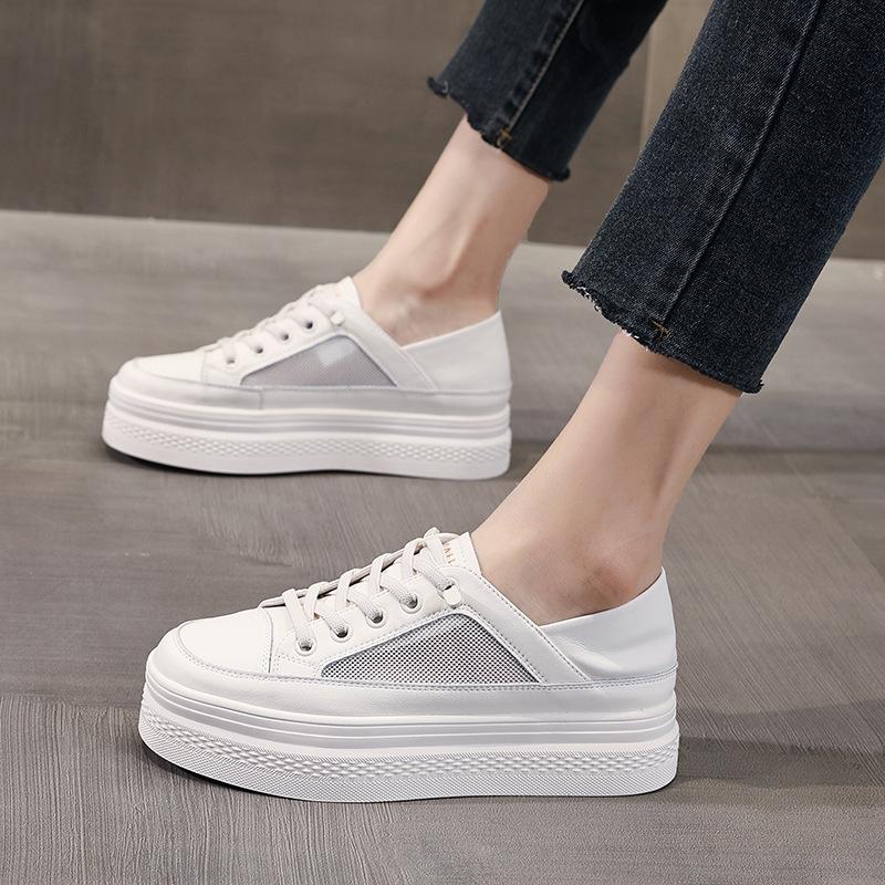 

Сетчатые дышащие кожаные маленькие белые туфли женские новые летние мягкая подошва на одном педале кожаные повседневные кеды сетчатые туфли 40 бежевый