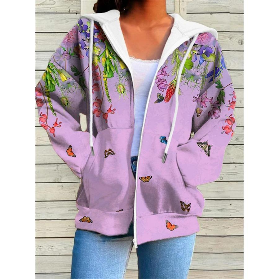 Autumn Women's Clothing Winter Printed Hooded Sweatshirt Sportwear Zipper Down 3D Pocket Hoodies Coat for Women