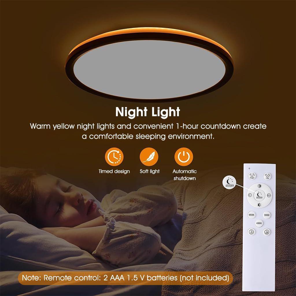 12" Dimmable LED Ceiling Light with Remote Control, 24 W 3-Color Ceiling Light with Dim Night Light 1800k Warm, Round Flush LED Ceiling Lights (Black)