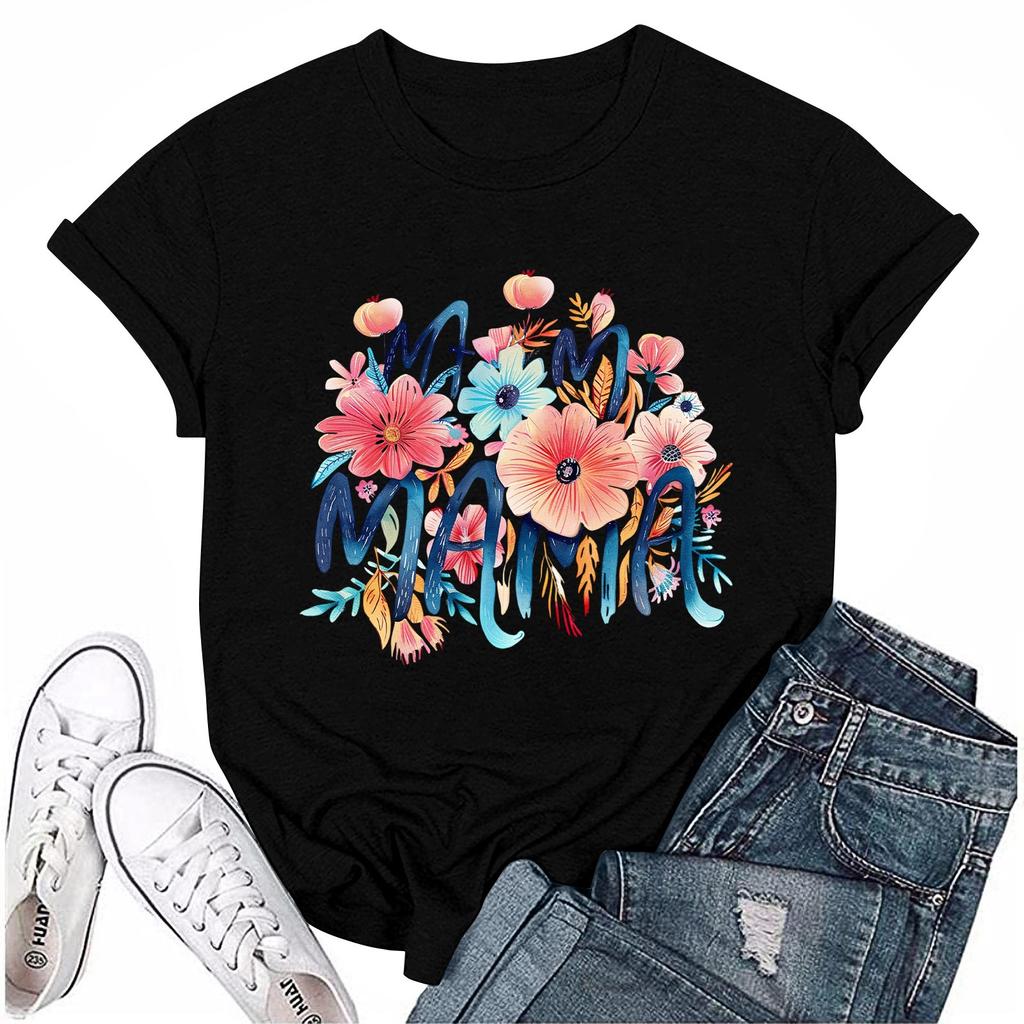 Damen Top Rundhals Lässig Bedrucktes Kurzarm T-Shirt Top