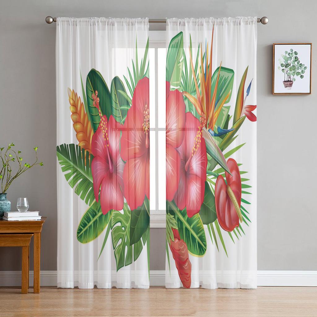 Hawaiian Flower Plant Jungle Palm Tropical Sheer Curtains for Living Room Bedroom Decor Window Voile Tulle Curtain Drapes