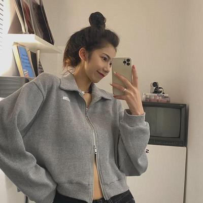 Women's Korean Style Zippered Waffle Jacket, Loose Fit Spring/Autumn Cardigan, Short Hot Girl Top