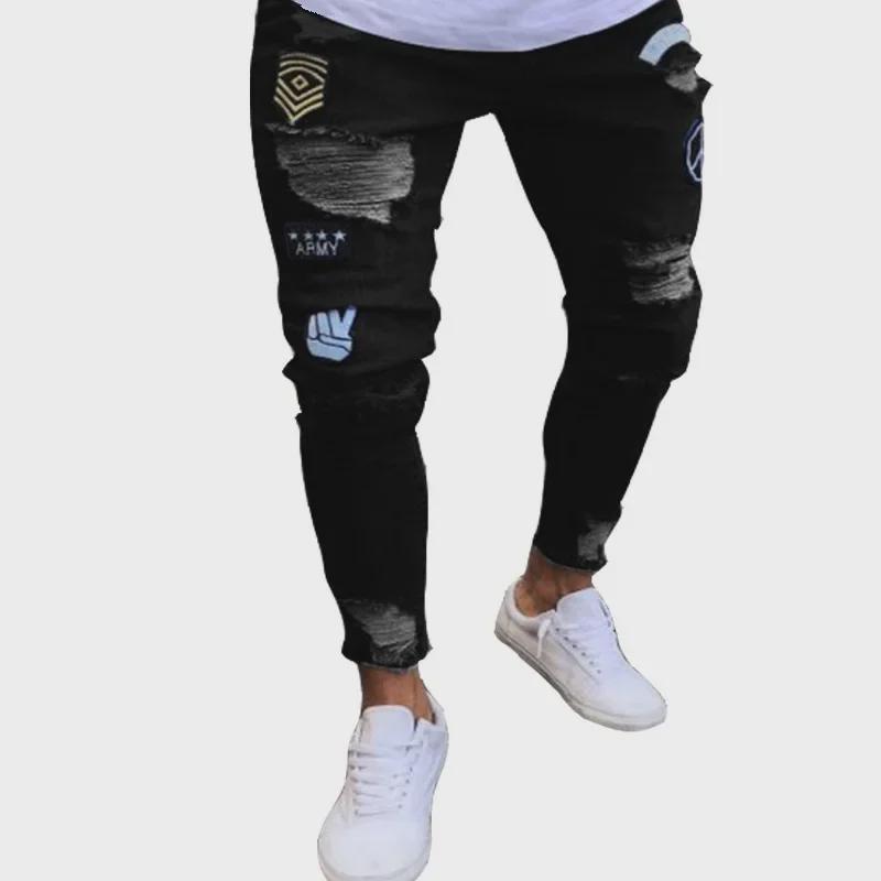 European and American Men's Ripped Badge Skinny Jeans