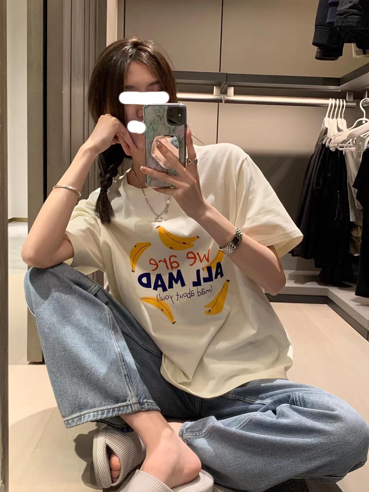 

2025 Веселый принт Дизайнерская Нишевая Футболка с Коротким Рукавом Женская Весенняя Свободная и Облегающая Хлопковая Футболка с Круглым Вырезом Базовая Футболка Топ M