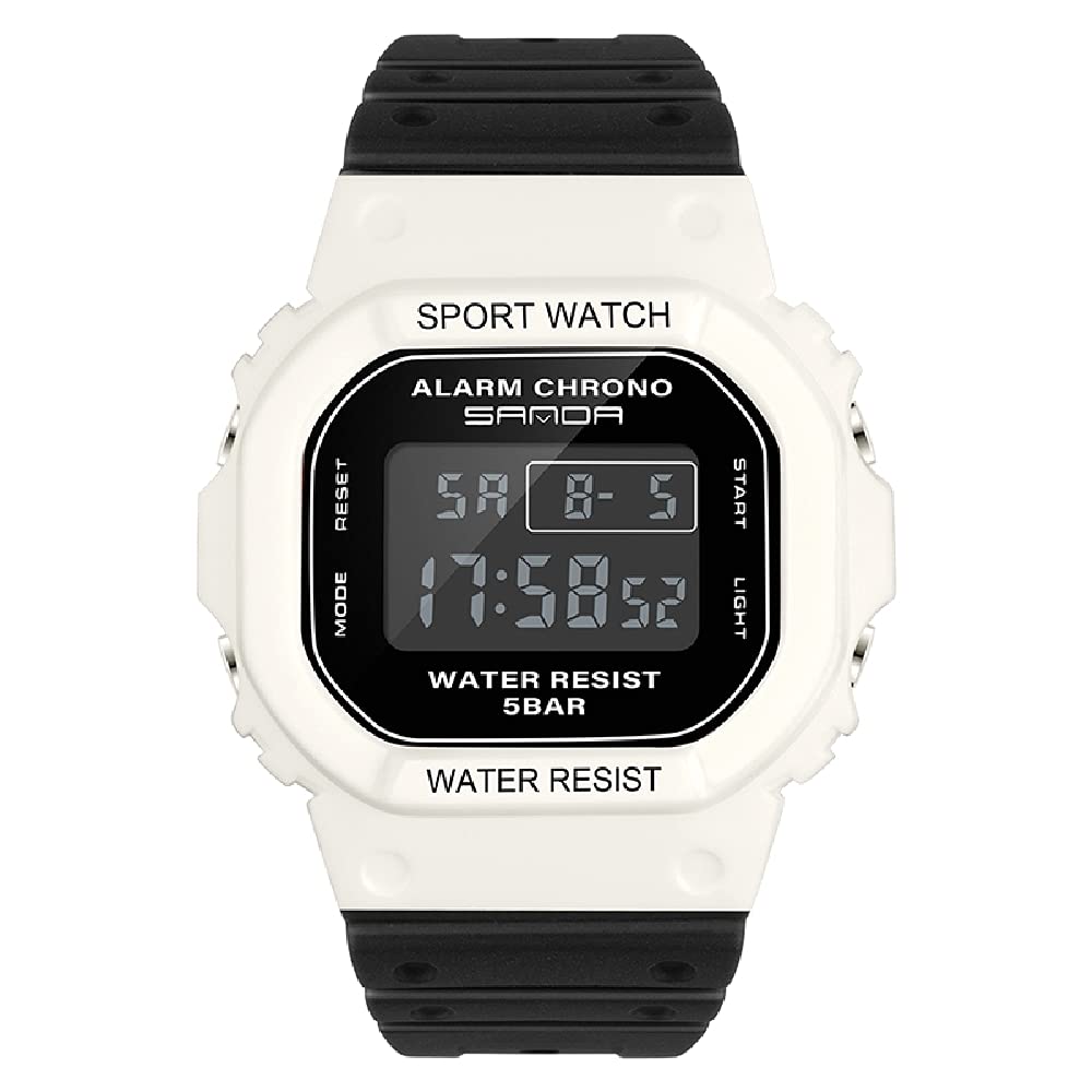 

Красивые цифровые часы для мужчин и с LED и 8 цветами для женщин, Будильник, Секундомер, Подсветка, (Белый черный)