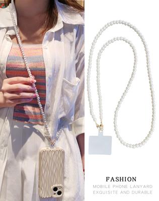 New Mobile Phone Lanyard Long Women's Crossbody Neck Hanging Chain Pearl Handmade Bead Detachable With Buckle Phone Case Clip