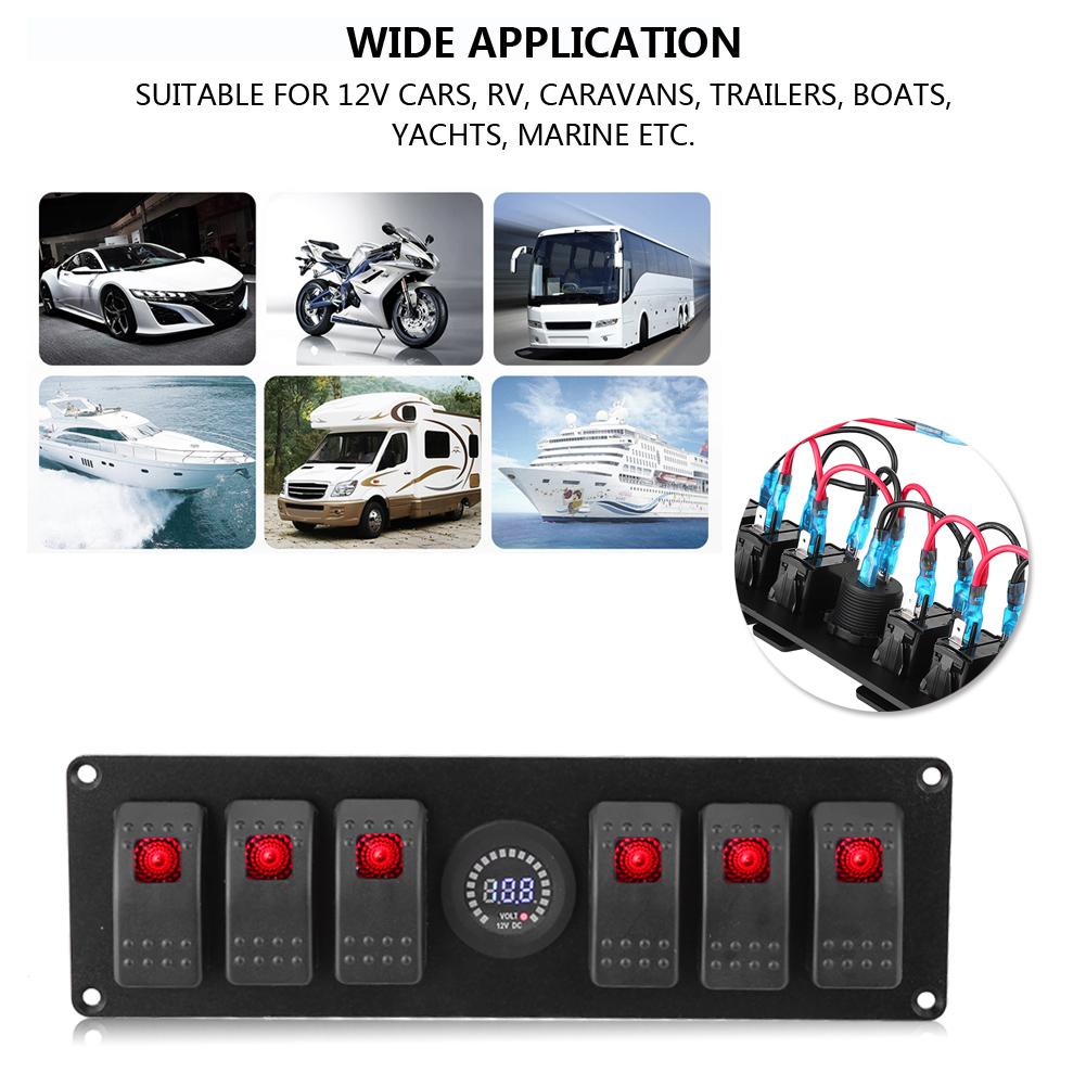 6 Gang Red LED Rocker Switch Panel with Alarm Voltmeter for Car RV Boat Yacht Marine 12V