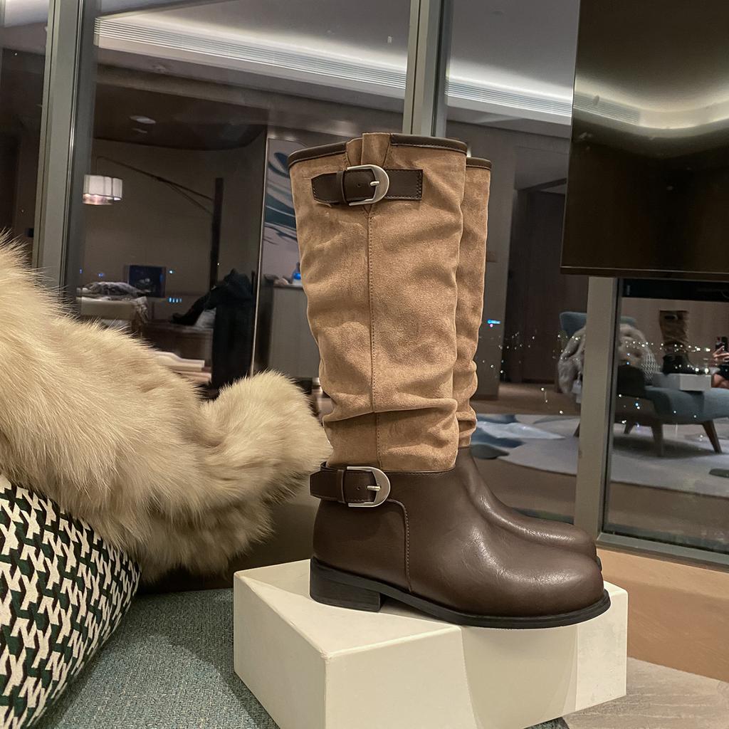 Ma Sichun av samma stil~ Höjdökning 4CM modernt spänne med rund tå, lapptäcksdesign, tjock klack, ridstövlar, dam-, pile-ridstövlar