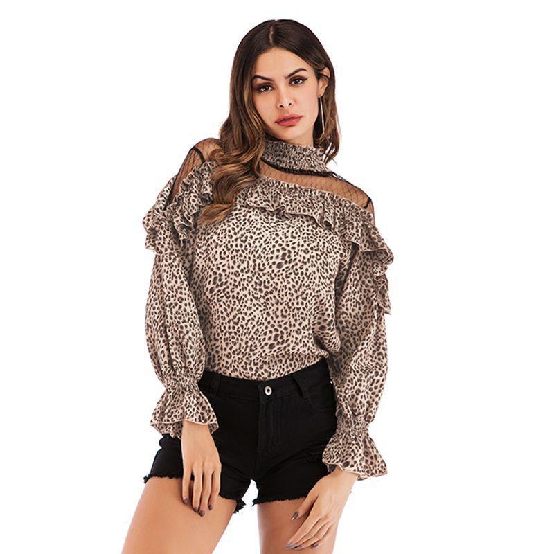 Vår og høst kvinners Chiffon Langermet Plissert Mesh Skjøting Volanger Polka Dot Chiffon Bluse Topp