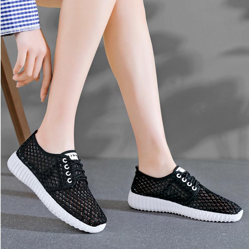 Womens Shoes Hollow Out Breathable Lace Up Flats Breathable Mesh Lightweight Shoes Casual All-match Sneakers Zapatos De Mujer