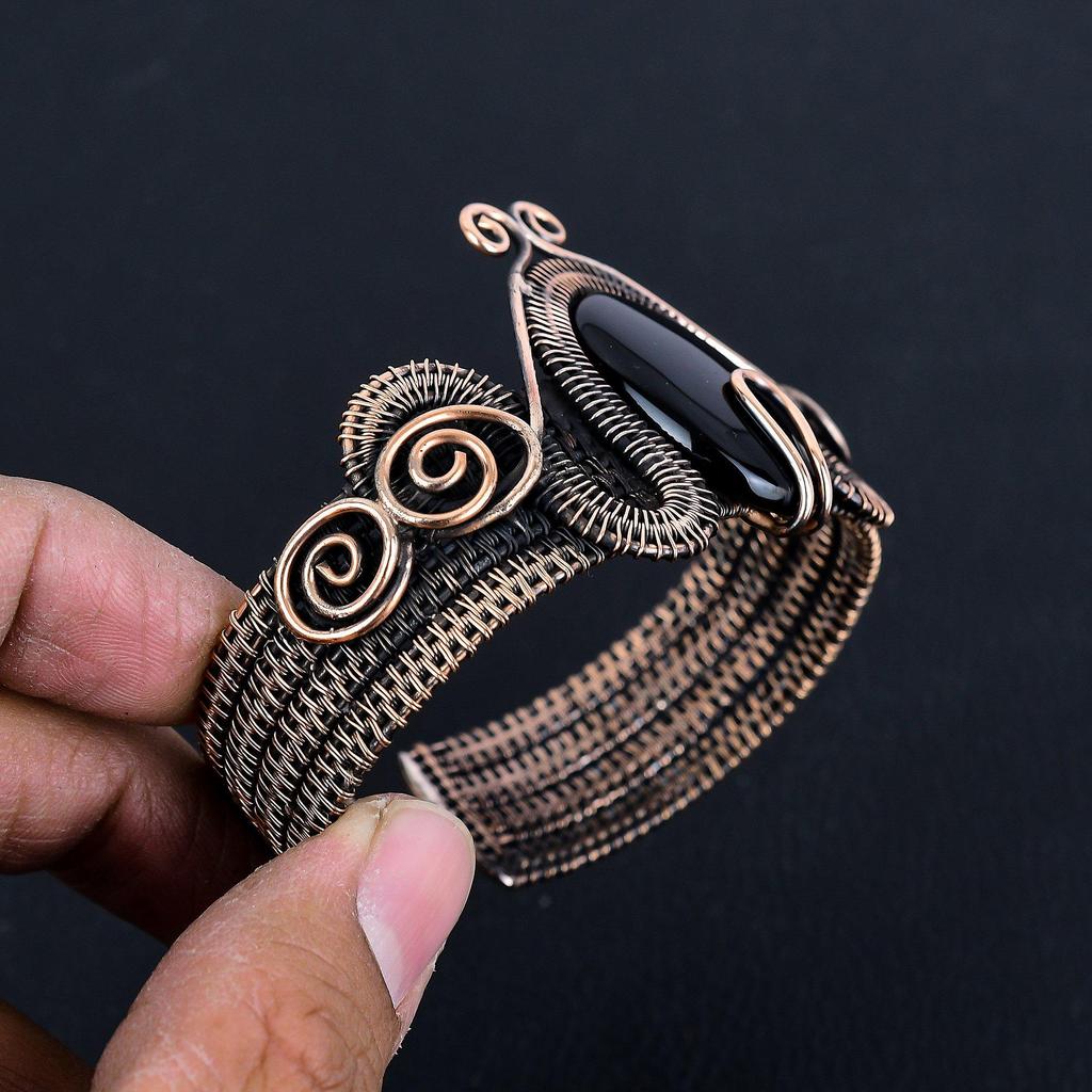 Black Onyx  Bangle 999 Copper Wire Wrapped Cuff Bracelet, Adjustable Bangle Gemstone Jewelry, Gift For Mom Handmade Brand, New Jewelry