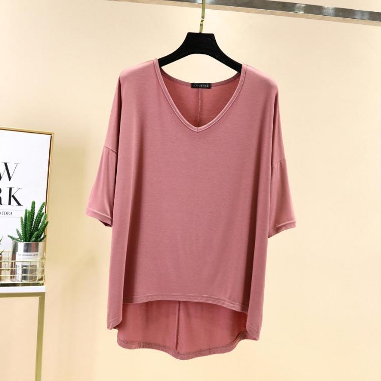 Women Casual Comfortable Summer Loose Fit Large Size Modal V Neck T Shirt Half Sleeve High Low Hem Top