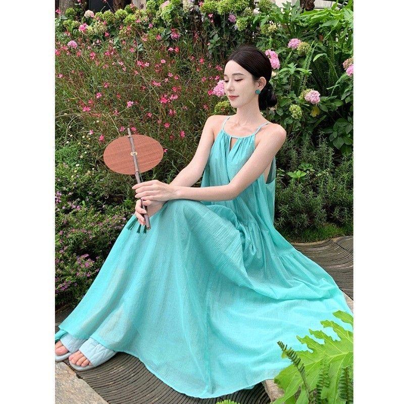 French hollow camisole dress for women, summer seaside vacation beach dress, pleated lazy and relaxed long skirt