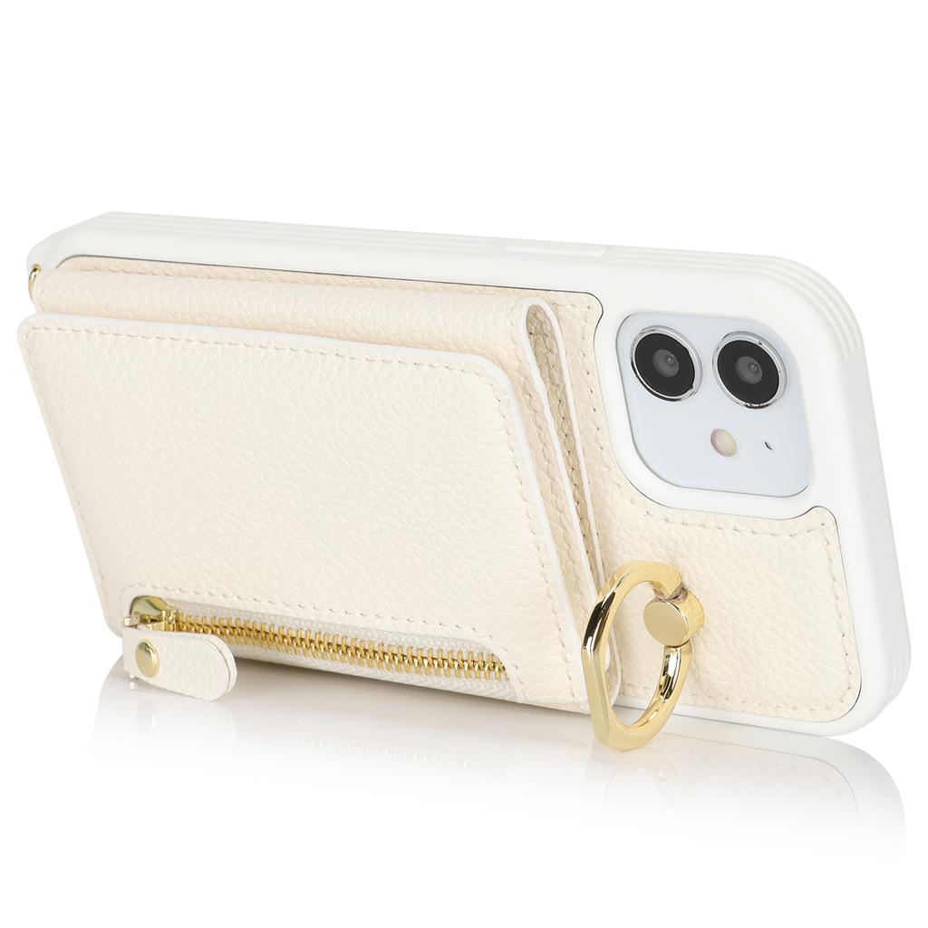 For iPhone 12/12 Pro Case Card Bag Ring Holder Litchi Texture Leather+TPU Phone Cover with Long Strap