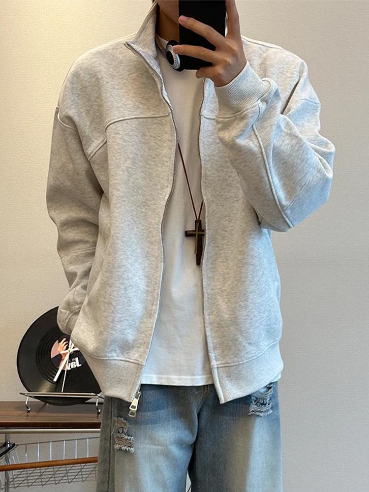 Herren Winter Hellgrau Schwerer Strick-Kapuzenpullover - Mit Samtfutter, Uni-Farbe, Amerikanischer Stil Stehkragenjacke