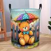 1pc Rainy Day Teddy Bear Pattern Laundry Basket Foldable, Circular Room Hamper for Clothes And Sundries, Space Saving Organizer Bin for Bathroom, Bedr