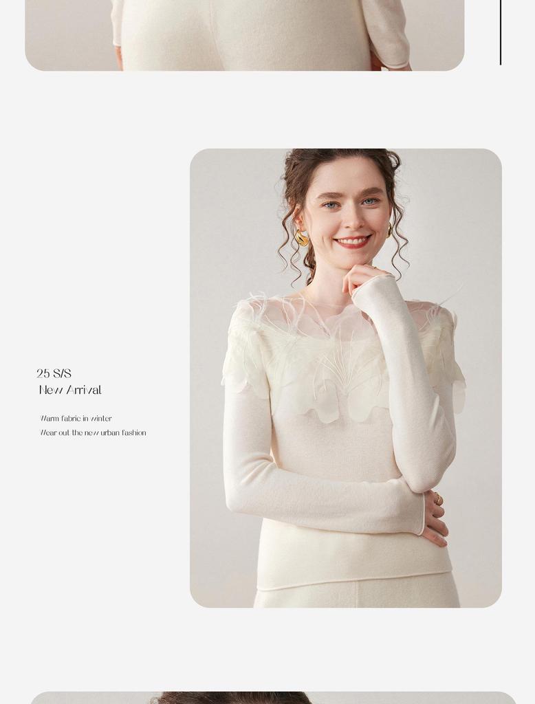 Swan Neck Cashmere Sweater with Hand-Embroidered Flowers: One-Shoulder, Sexy, and Three-Dimensional Feather Design