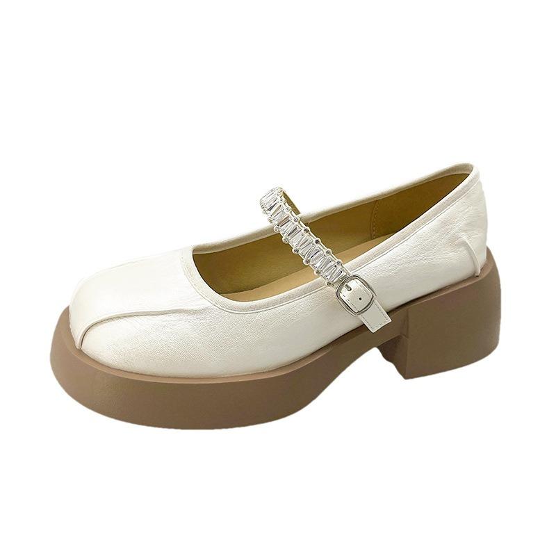 Summer and Autumn White Mary Jane Shoes Women's New One-word with Round Head with Skirt Thick Medium Heel Single Shoes
